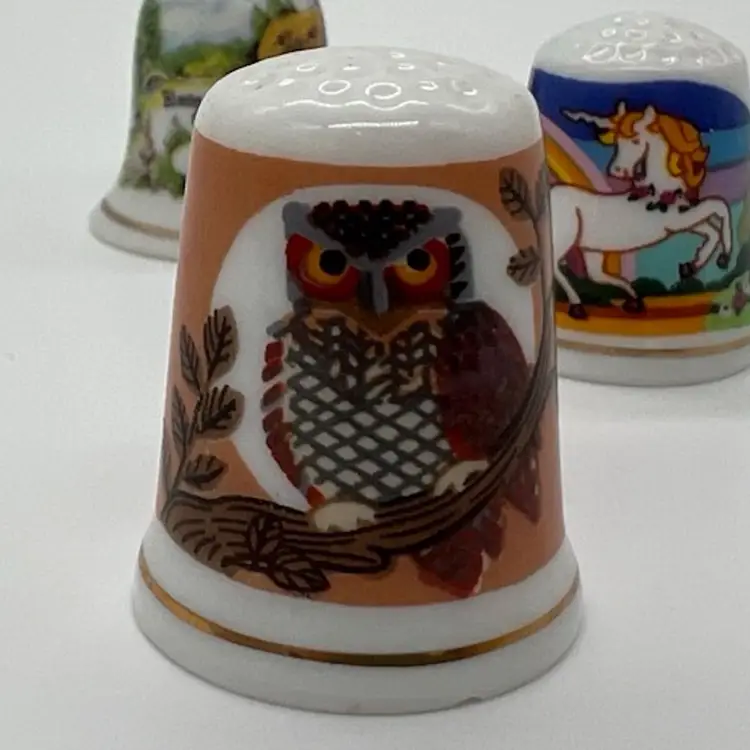 Collection Of 3 Vintage Creative Circle Porcelain Thimble Miniature Decor Owl Unicorn Cottage/House Blessing