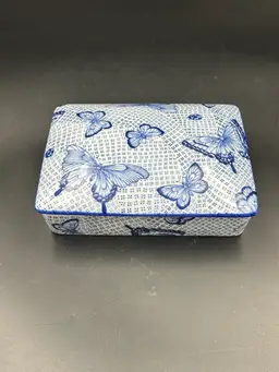 Vintage Horchow Japan, Porcelain Blue And White Butterfly Lidded Double Card Box