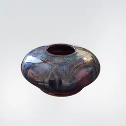 Gorgeous Ikebana Stout Pottery Vase With Amazing Blues And Purples And Pinks Signed Banduulun