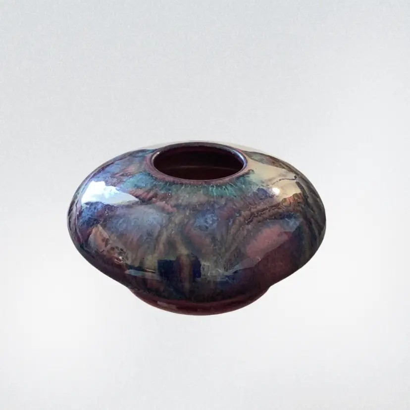 Gorgeous Ikebana Stout Pottery Vase With Amazing Blues And Purples And Pinks Signed Banduulun