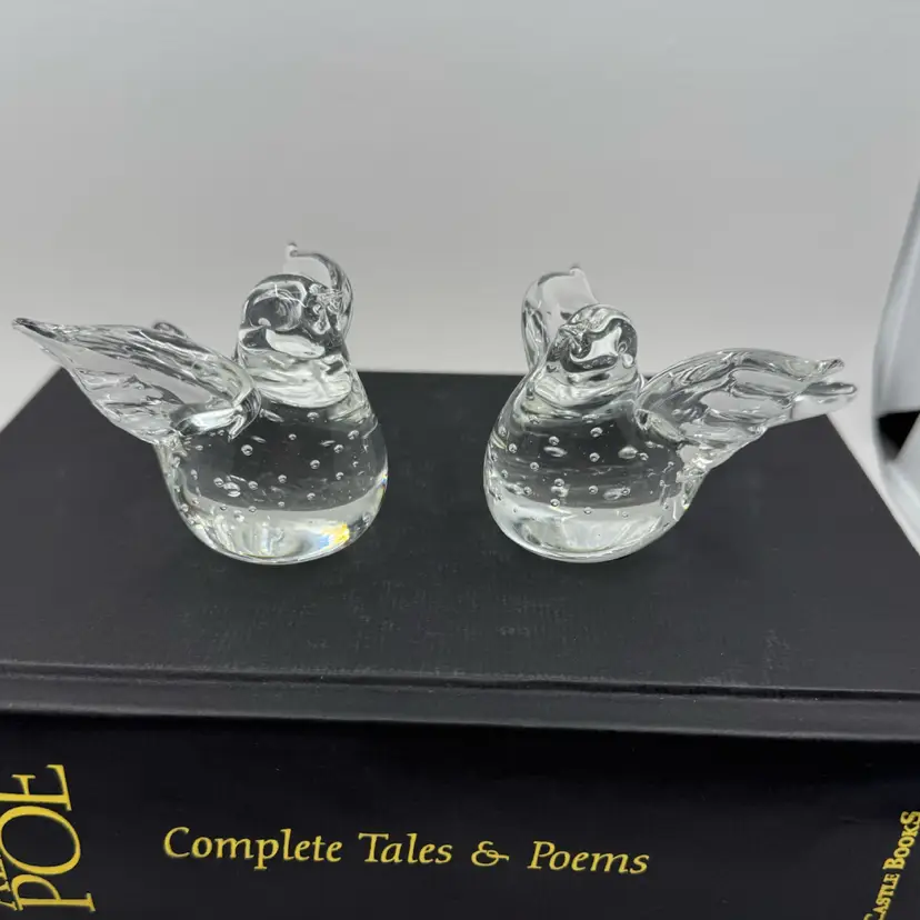 (2) Art Glass Birds Clear Hand Blown Bullicante Controlled Bubbles Paperweight