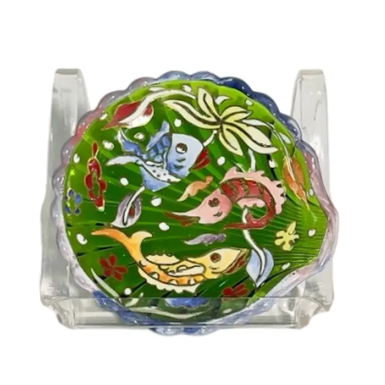 Glass Trinket Dish Hand Painted Enamel Cloisonné Fish By Jose Cire RoyoGreen Glass ShellSpain 1941-1969