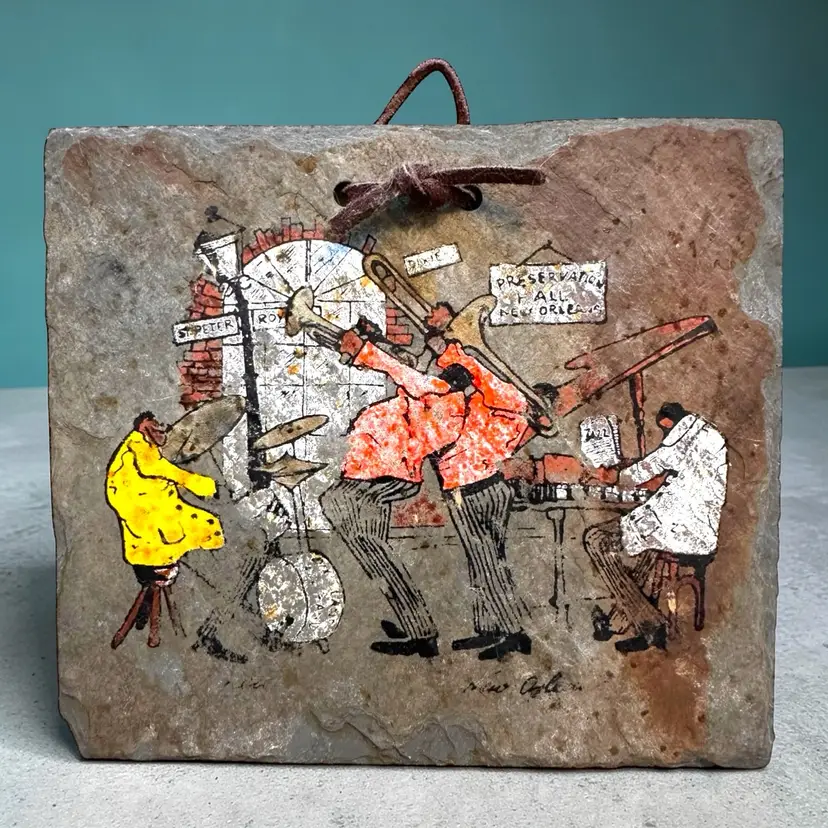 French QUARTER Jazz Painting On 1800s HISTORIC ROOF TILE New Orleans VTG