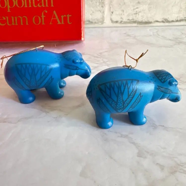 Pair Vintage 1992 Metropolitan Museum Of Art William the Hippo Blue Ornaments Original Red Box
