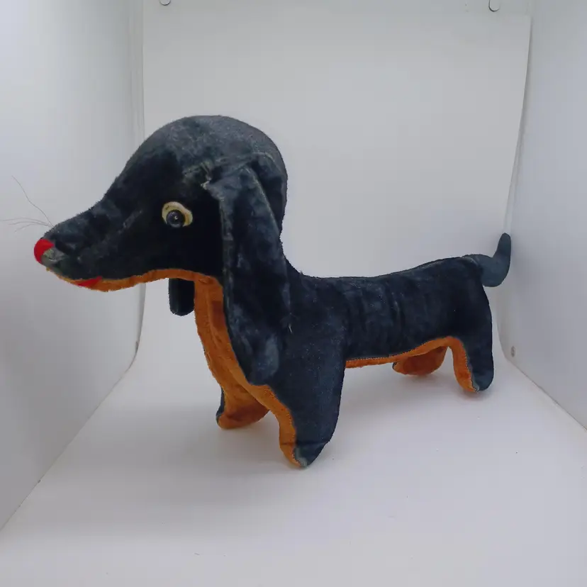 Vintage 1940s Character Novelty Co Black Dachshund 14" Bell Rattle Plush Toy Dog