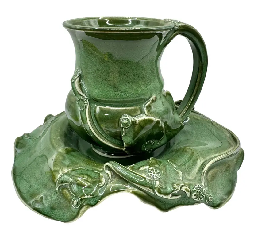 Signed Adrienne Stacey Studio Art Pottery Mug Cup Saucer Pedestal Green Floral