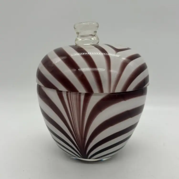 Purple White Swirl Stripe Cased Glass Covered  Candy Dish Jar