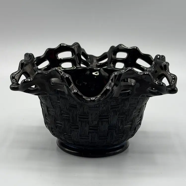 Fenton Black Glass Lattice Edge Basket weave Dish Bowl Ebony