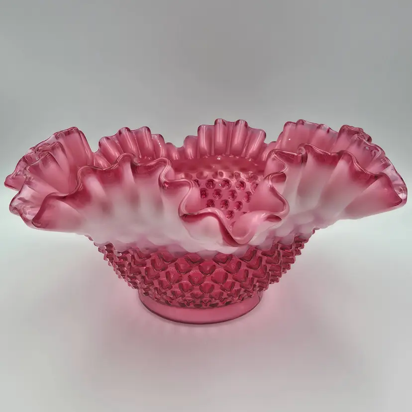 Vintage Fenton Glass Cranberry Opalescent Hobnail Crimped Ruffled Large Bowl