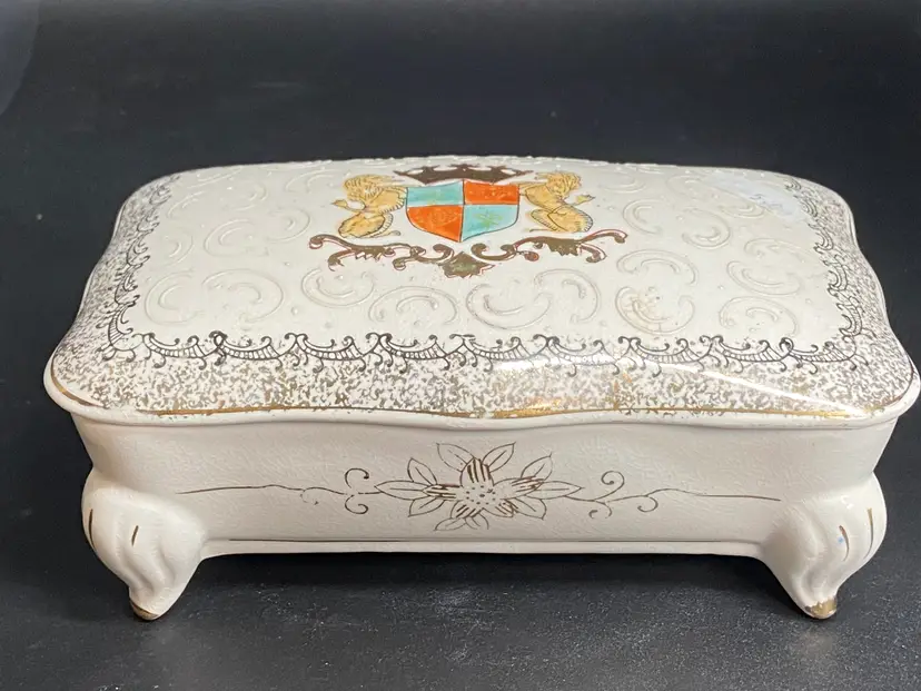 Vintage Wales Japan Ceramic Trinket Box w/ Shield & Lions