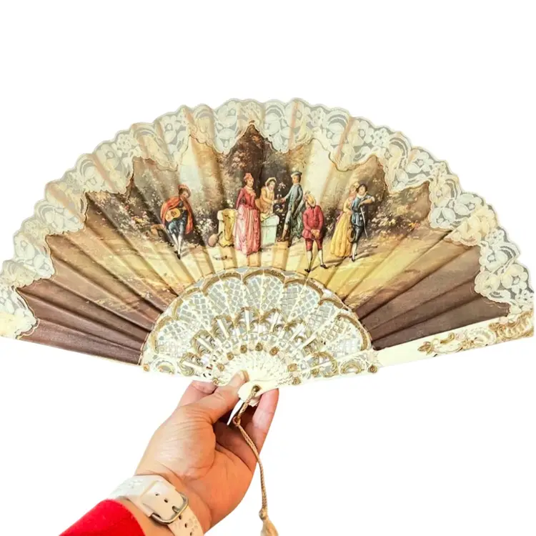 Stunning Lady’s Courting Folding Fan. Painted Plastic, Linen (?), and Lace. Garden Party Scene. Metal Ring & Tassel. Beautiful Decoration!
