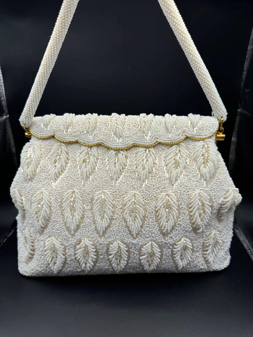 vintage 1950s white beaded handbag purse and gold trim from Hong Kong