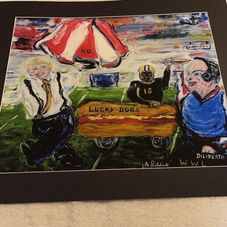 Peggy Diliberto Signed Art Poster New Orleans saints lucky dog 24 x20 Matted saints