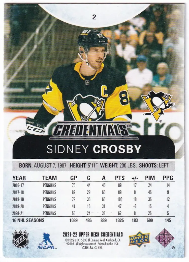 2021-22 Upper Deck Credentials Blue #2 Sidney Crosby Pittsburgh Penguins Hockey Card