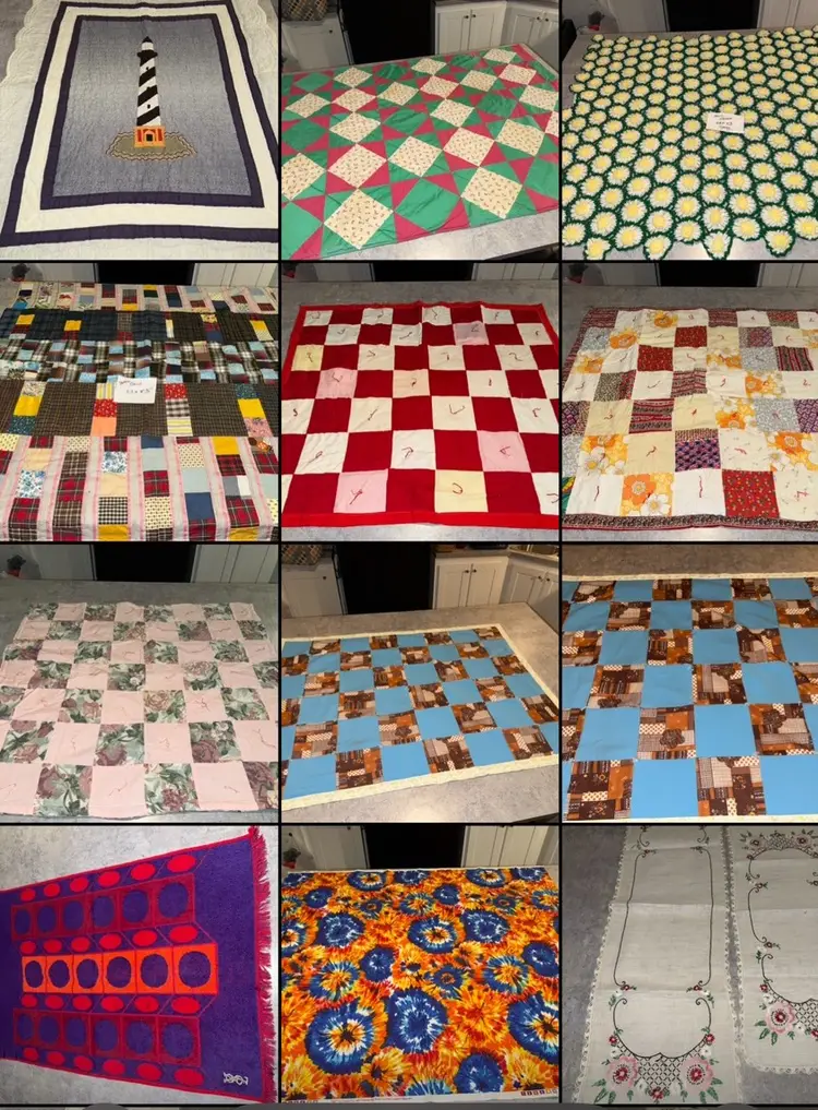 M Textile Sale quilts, Afghans, granny squares, vintage sewing material some Disney hand knitted