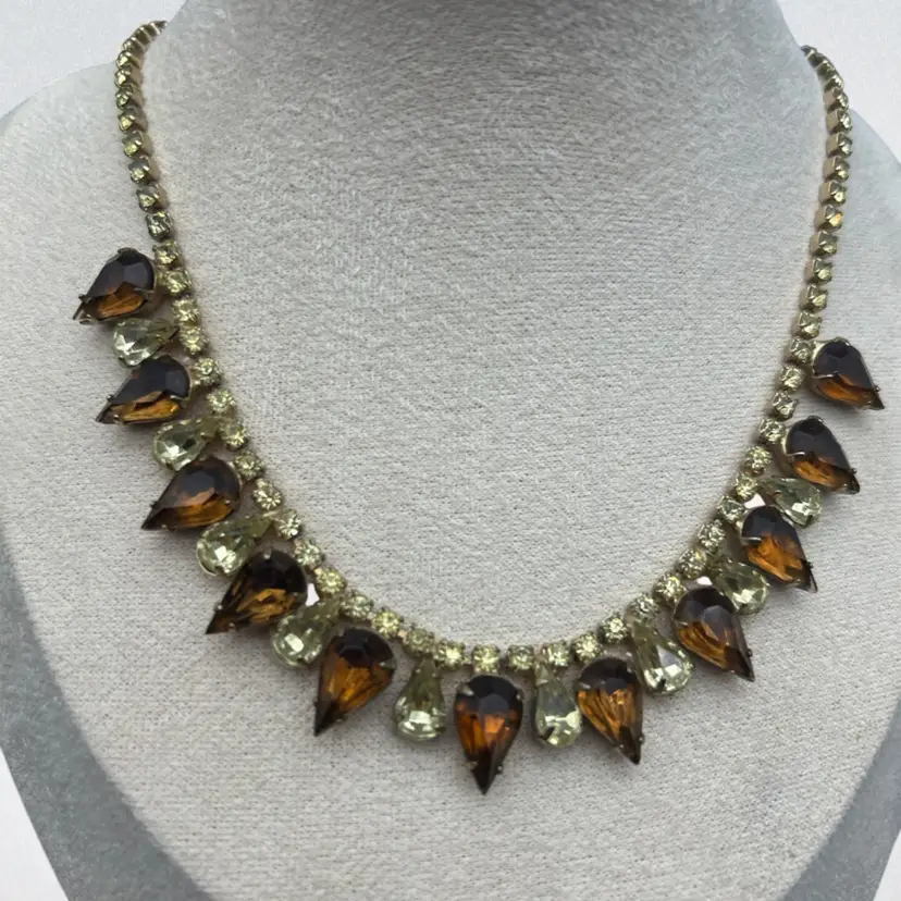 Vintage Amber & Champagne Rhinestone Fringe Necklace – 14” Mid-Century Teardrop Crystal Statement Collar