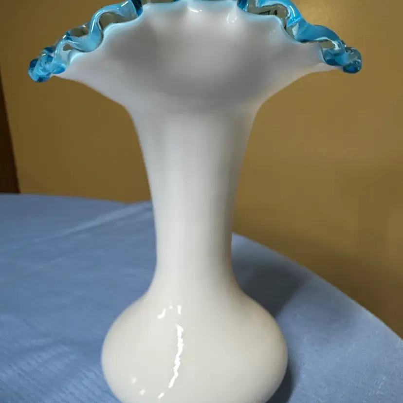 Fenton 8" Aqua Crest On Milk Glass Vase Double Crimped 1941-43