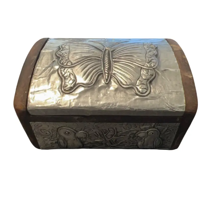 Wood Trinket Box With Butterfly And Birds