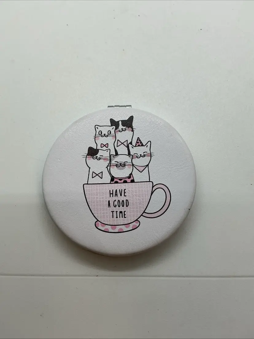 Round Have A Good Time Cat Kitten Feline Coffee Cup Compact Metal Mirror