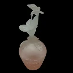 Vintage Pink Frosted Crackle Glass Perfume Bottle With Hummingbird Flower Stopper, 6” Tall