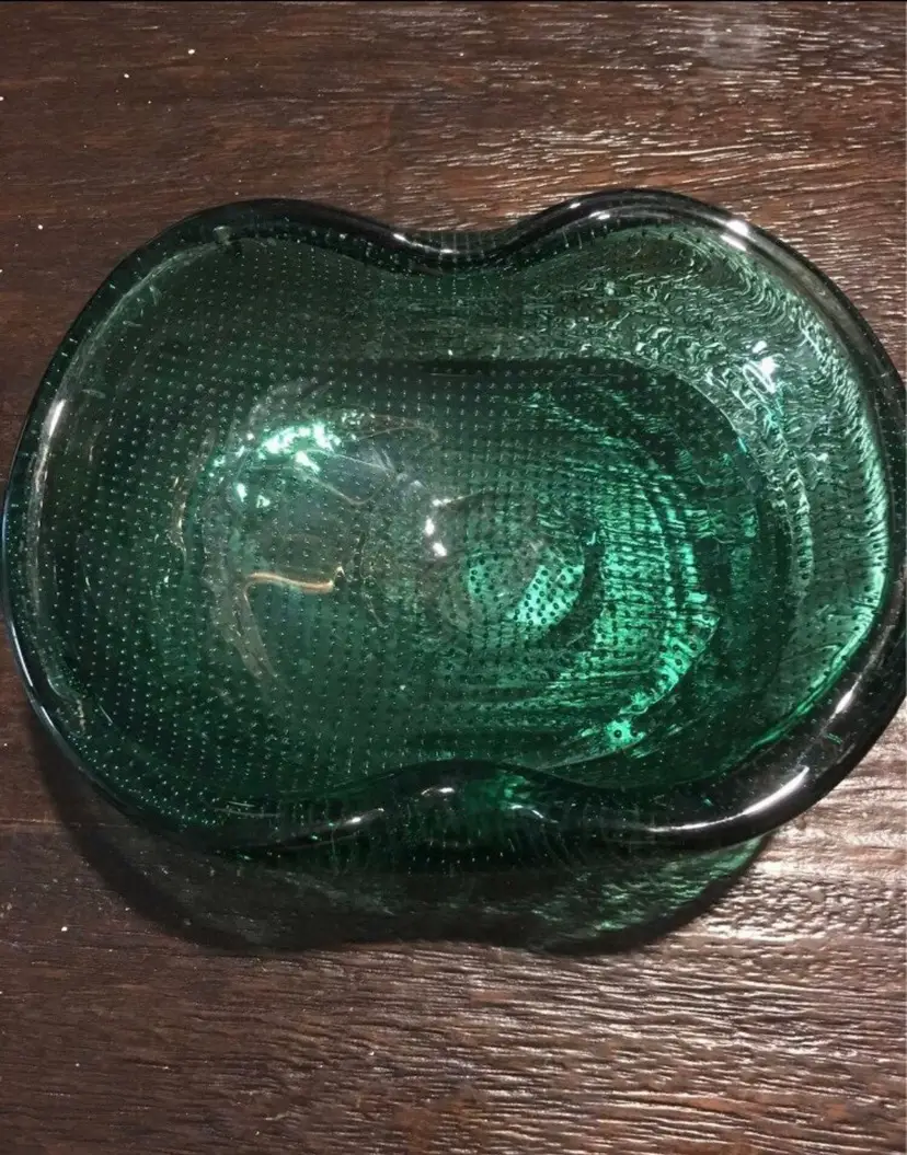 Murano Archimede Seguso Bullicante Green Controlled Bubble Trinket Bowl Ashtray