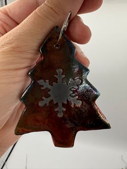 Made By Me - Raku Christmas Tree With Snowflake Ornament #11 Controlled Chaos Pottery 2.5”