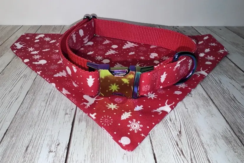 Dog Collar & Bandana Reindeer Red Christmas Theme Large Handmade Heavy Duty NEW