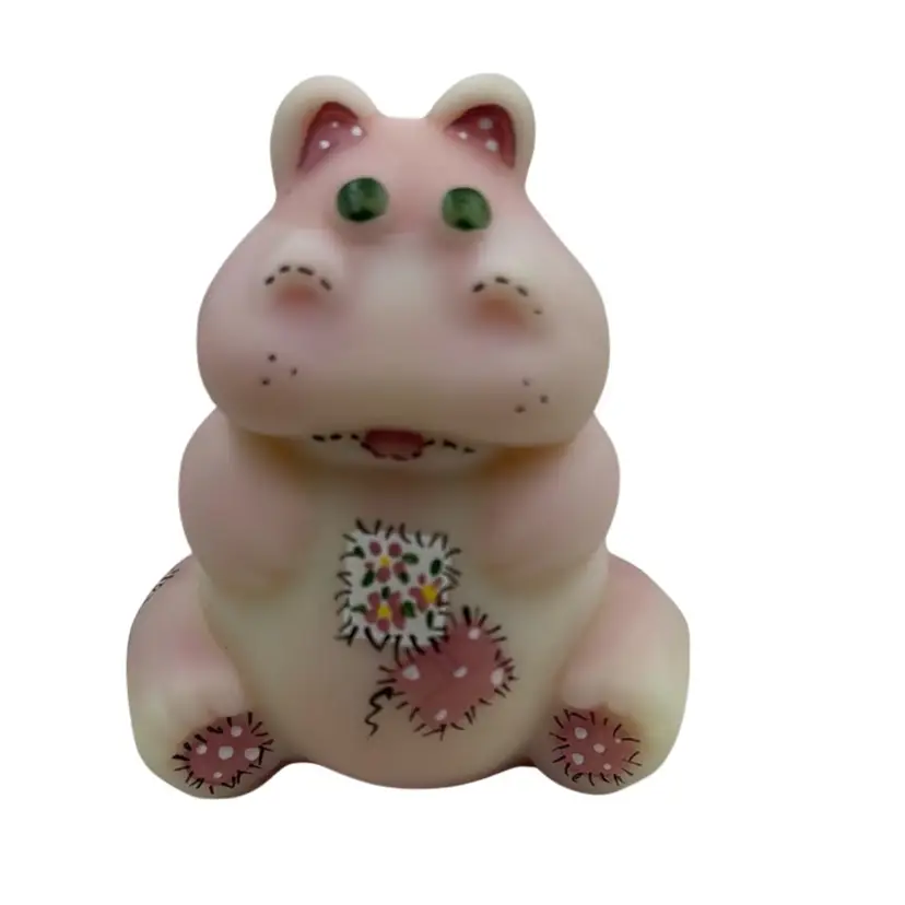 #01 - 2006 Fenton Pink Burmese GLOWS Hippo - Handpainted Dated Signed - Patchwork Quilt / NFGS Exclusive