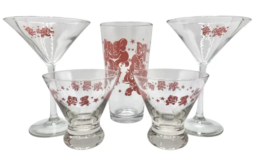 1950's Hazel Atlas Dancing Pink Elephants Cocktail Shaker Martini Glasses Set 5