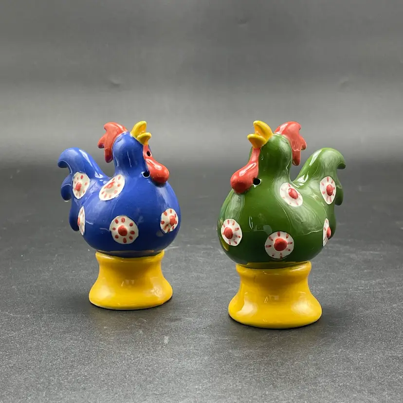 Clay Art Collectible Rooster Salt and Pepper Shakers Green Blue Yellow Set of 2