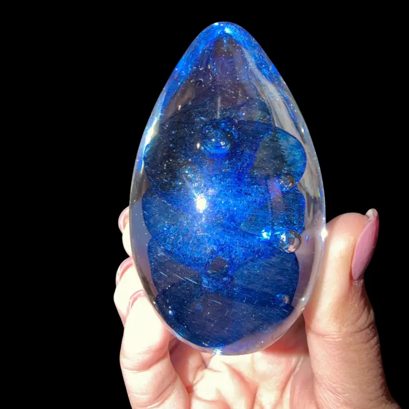 Vtg Glass Eye Studio Hand Blown Art Glass Blue Swirl Metallic Paperweight 99