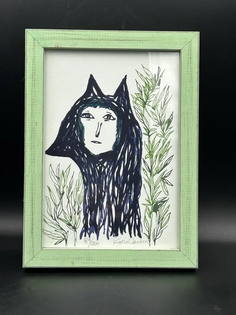 Framed Ltd Ed Numbered Artist Signed Lithograph Lady In Wolf Fur/skin