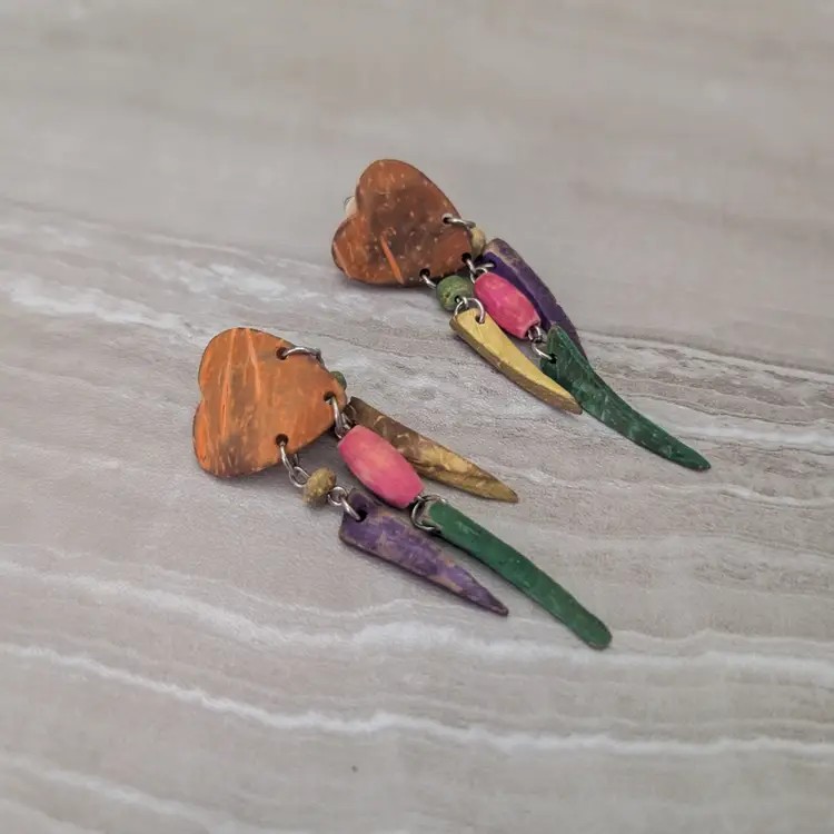 Vintage Clip On Earrings 3" Long Heart Shape Multi Colored Dangle Valentines