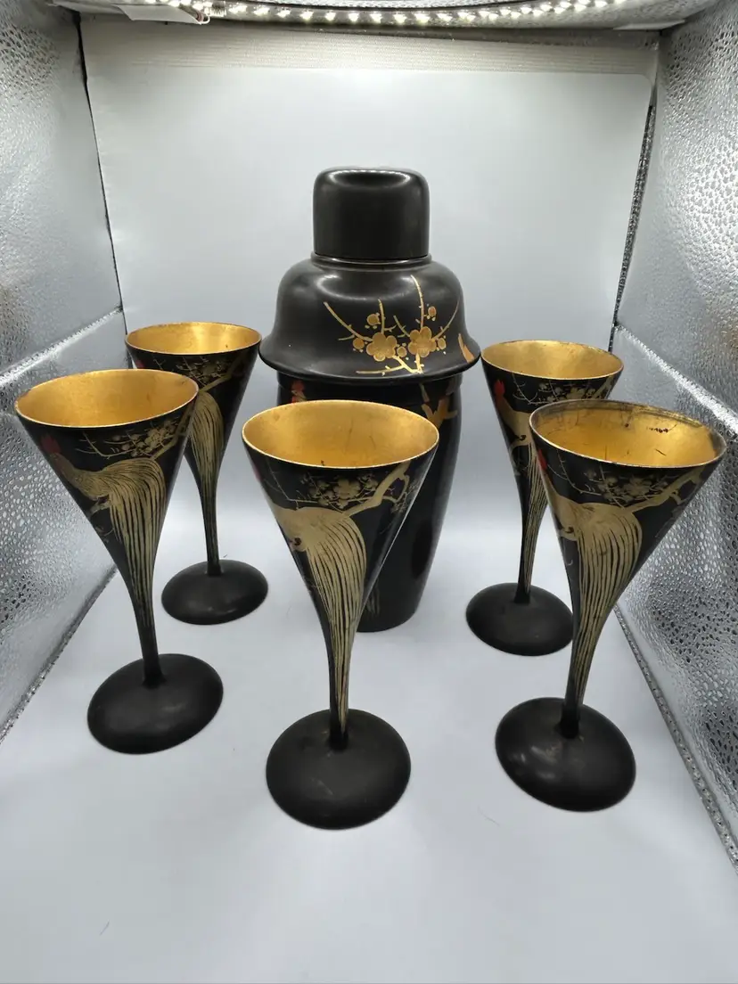 Vintage Japanese Lacquer Cocktail Shaker And Five Glasses.