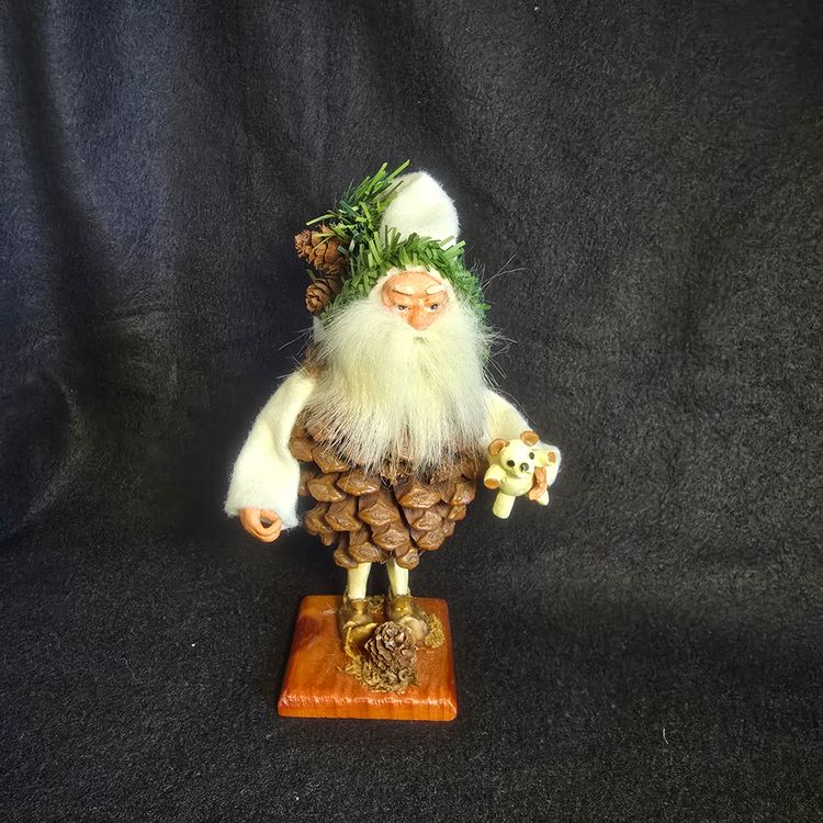 Vintage Silvestri Pine-Cone Body Santa Figurine on Wood Base — Holiday Rustic Folk Art