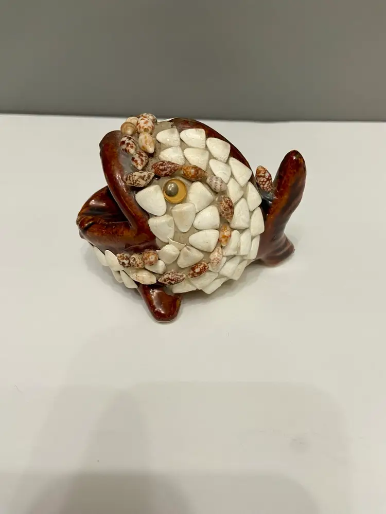 FOLK ART Wide Mouthed Shell Covered Whale Fish Ceramic Ashtray Boho Hippie Artsy