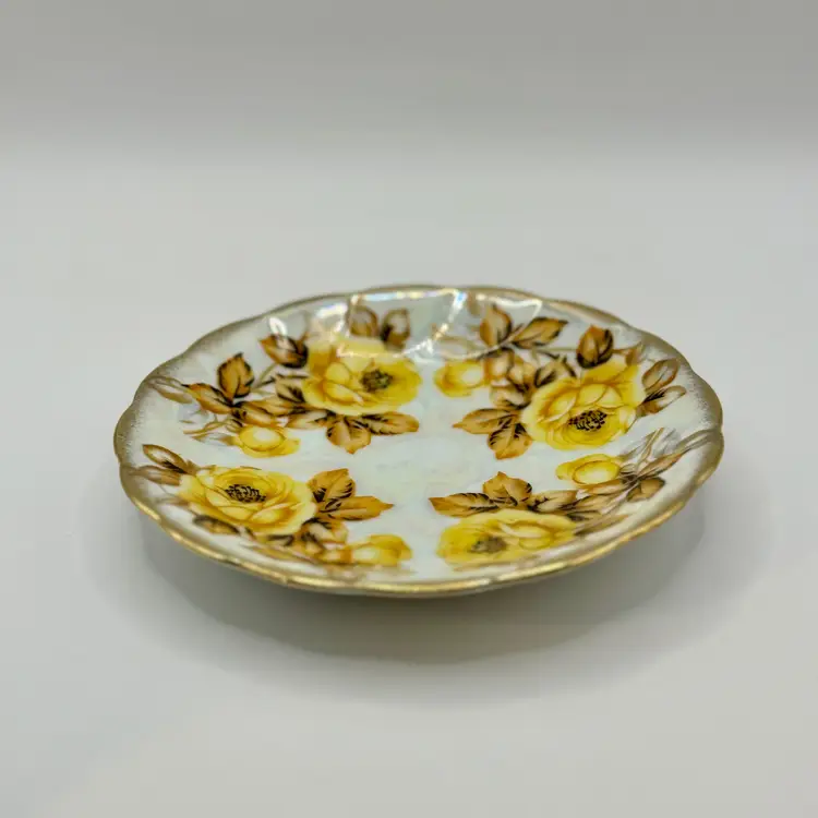 Vintage Floral Porcelain Saucer, Iridescent Yellow Roses Design, Gold Trim, Collectible Display Trinket Dish, By Marco, Made In Japan