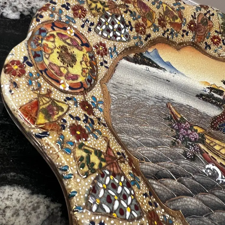 Vintage Chinese Royal Satsuma Handpainted & Gold Oval Platter Ruffle Edge Asian