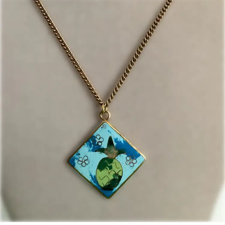 Vintage Cloisonne Enamel Pendant Necklace With Pineapple Design