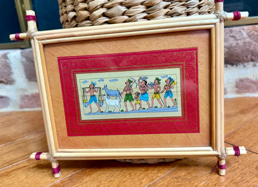 Vintage Indian Folk Art Prints in Bamboo Frames – Set of 2