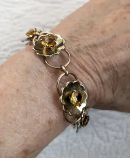 Vintage 1930's Gold Tone Flower Bracelet with Amber Colored Glass Cabachons