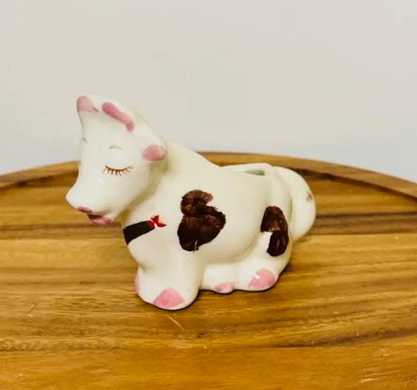 #01 - California Pottery Ceramic Cow Creamer Figurine Vintage Pottery 5”W 4”T