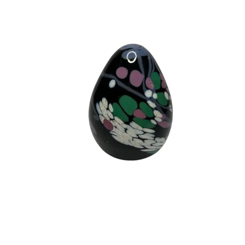 Signed Wren Helwig “89” Egg Shaped Black With Purple White Green And Mauve Colors Paperweight 3 1/2” Tall Some Imperfections