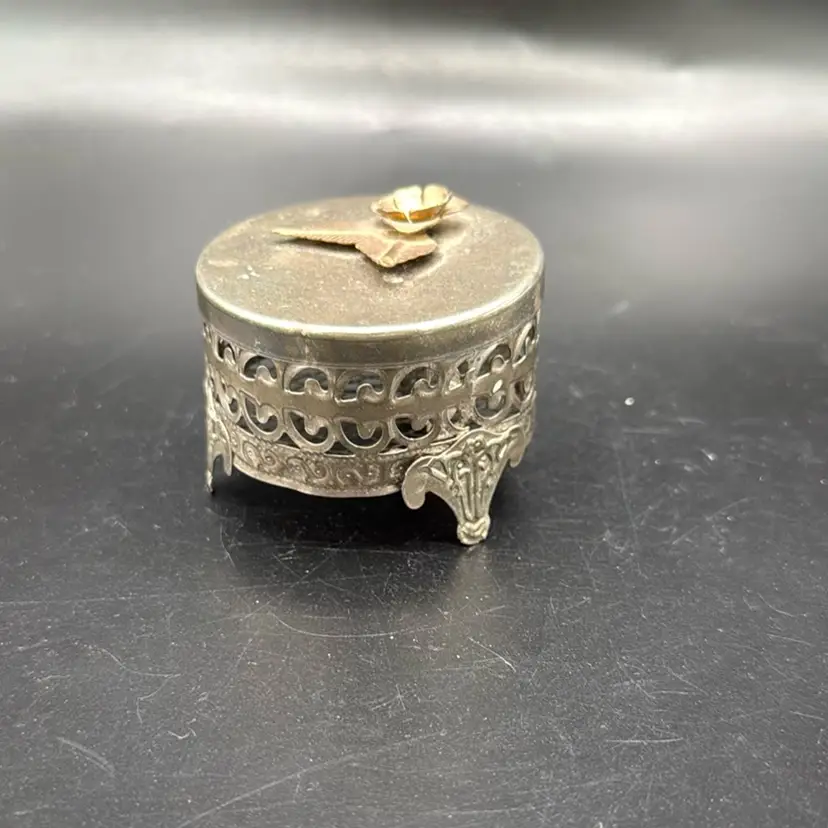 Ornate Punched Metal Trinket Box With Glower Adornment