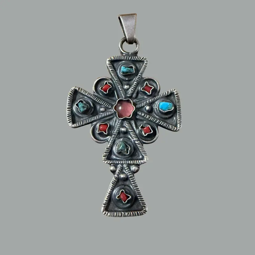 Vintage Mexico 925 Sterling Silver Cross Pendant Turquoise Coral Inlay Mid Century Statement Jewelry