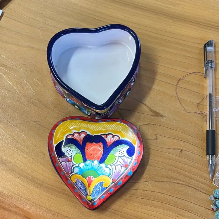 Talavera Heart Shaped Box With Lid, 4” X 4” X 2 1/2” No Chips Or Cracks