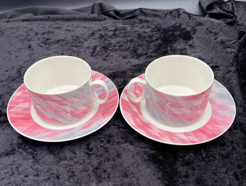 2 Sets - Vtg Villeroy & Boch (Luxembourg) Porcelain Flat Cup & Saucer, "Collage"