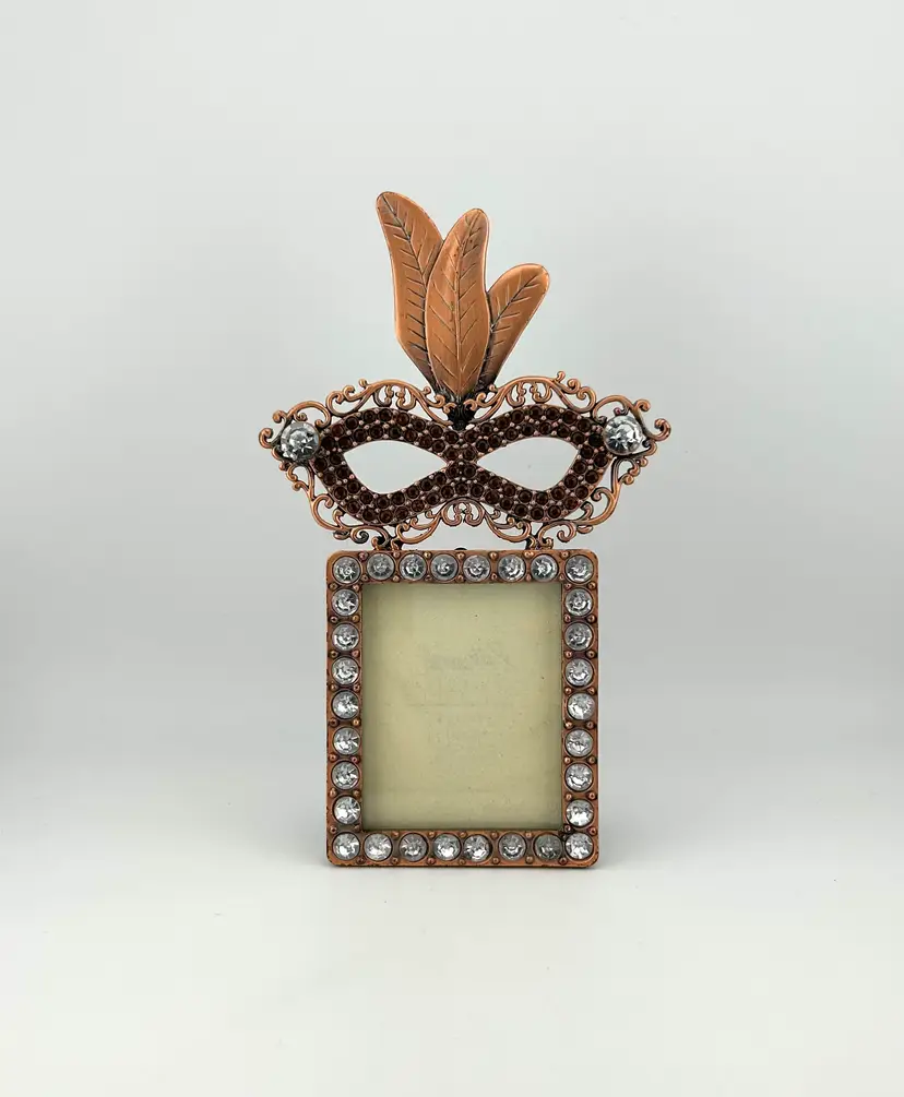 Copper Tone Rhinestone Mask Picture Frame 4.25”x 7”