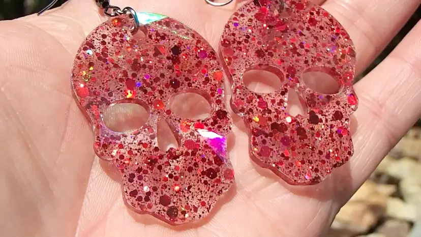 Red Glitter Skull Holographic Earrings.