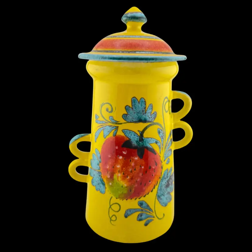 Italian Pottery Strawberry Lidded Canister Bright Bold Colors 10 1/2 X 6"